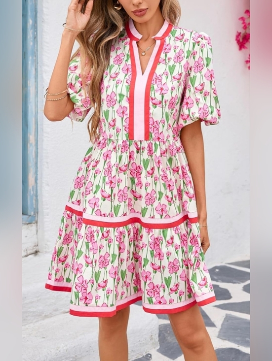 Dresses & Skirts - Floral Babydoll Mini Dress Size L 12-14 Cotton Puff Sleeve Spring Summer